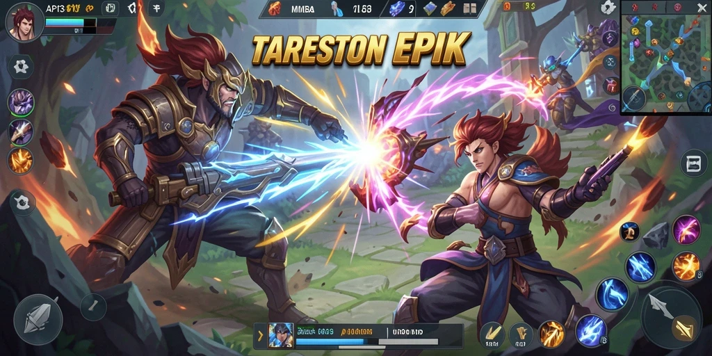 Screenshot utama API33 menunjukkan aksi seru dalam pertarungan MOBA.