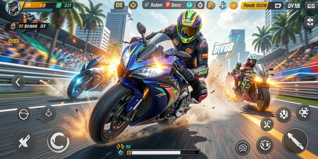 Gameplay menegangkan di balapan motor DV188 yang memukau.