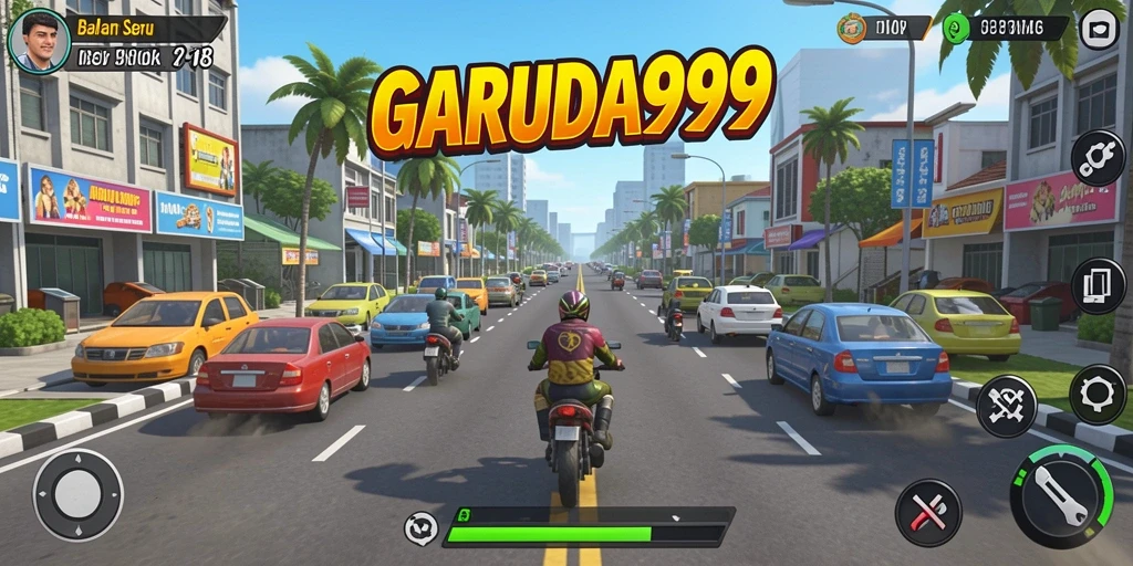 Gameplay GARUDA999 yang seru dengan mobil balap di lintasan.