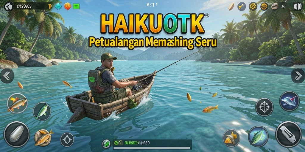 Screenshot HAIKUOTK menampilkan gameplay memancing yang seru dengan berbagai lokasi.