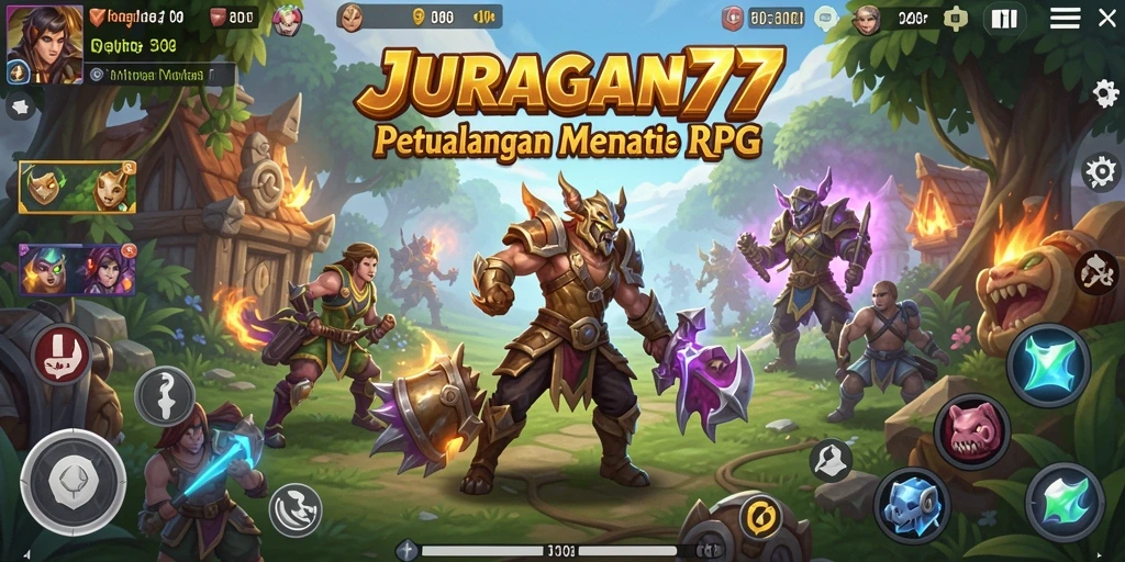 Ilustrasi gameplay RPG dengan karakter heroik dalam aksi.